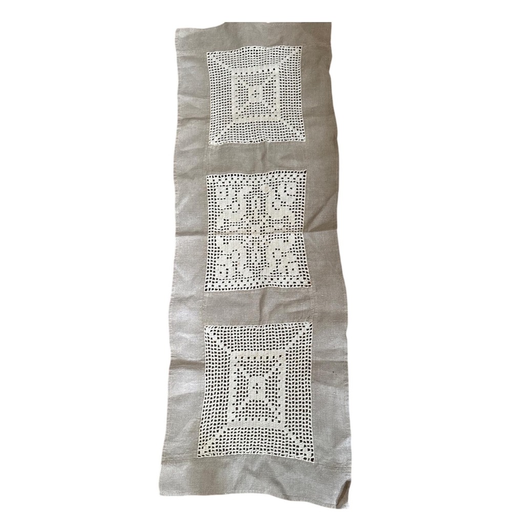 Vintage‎ Linen Table Runner with Crochet Lace Insets Oatmeal Neutral 13x38